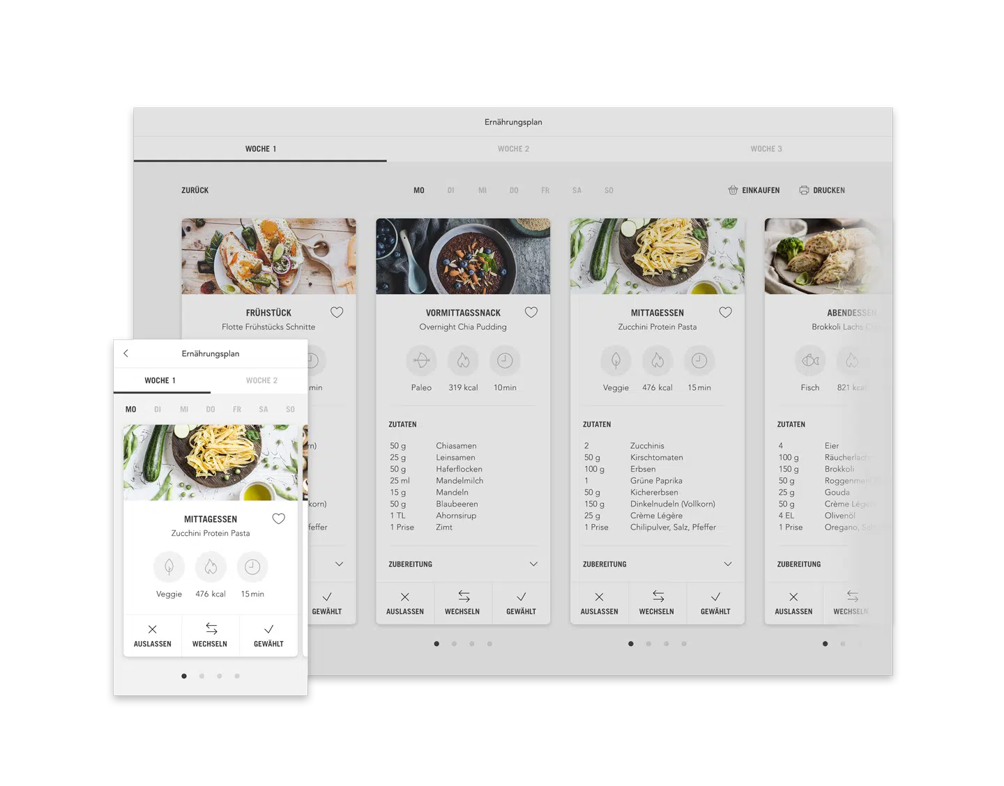 Sports Essentials Ernährungsplan Plan mit Mahlzeiten (Desktop responsive Ansicht Beispiel Tag)